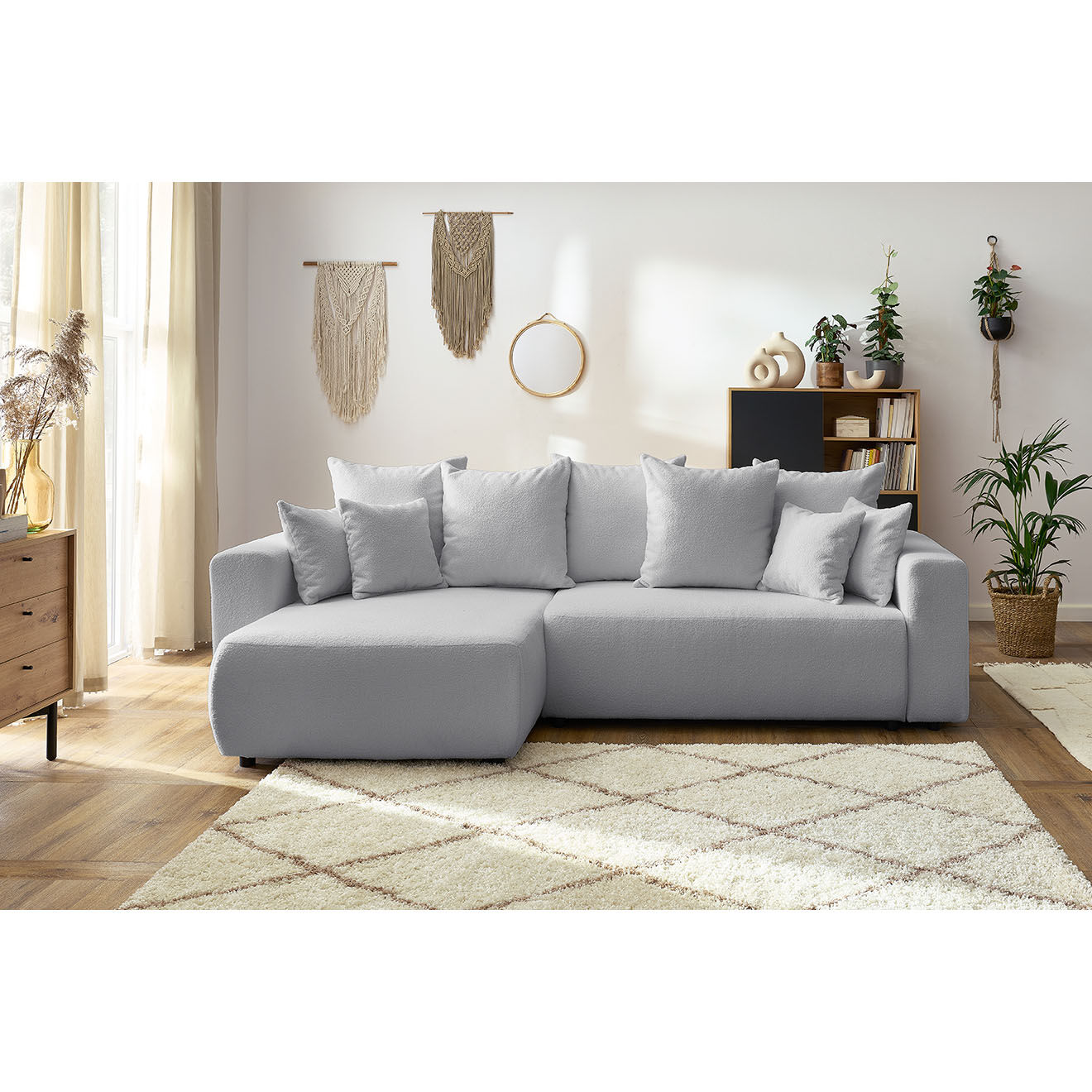 Bobochic Canapé d'angle convertible reversible bouclette Envy gris clair - 282x153x95 cm