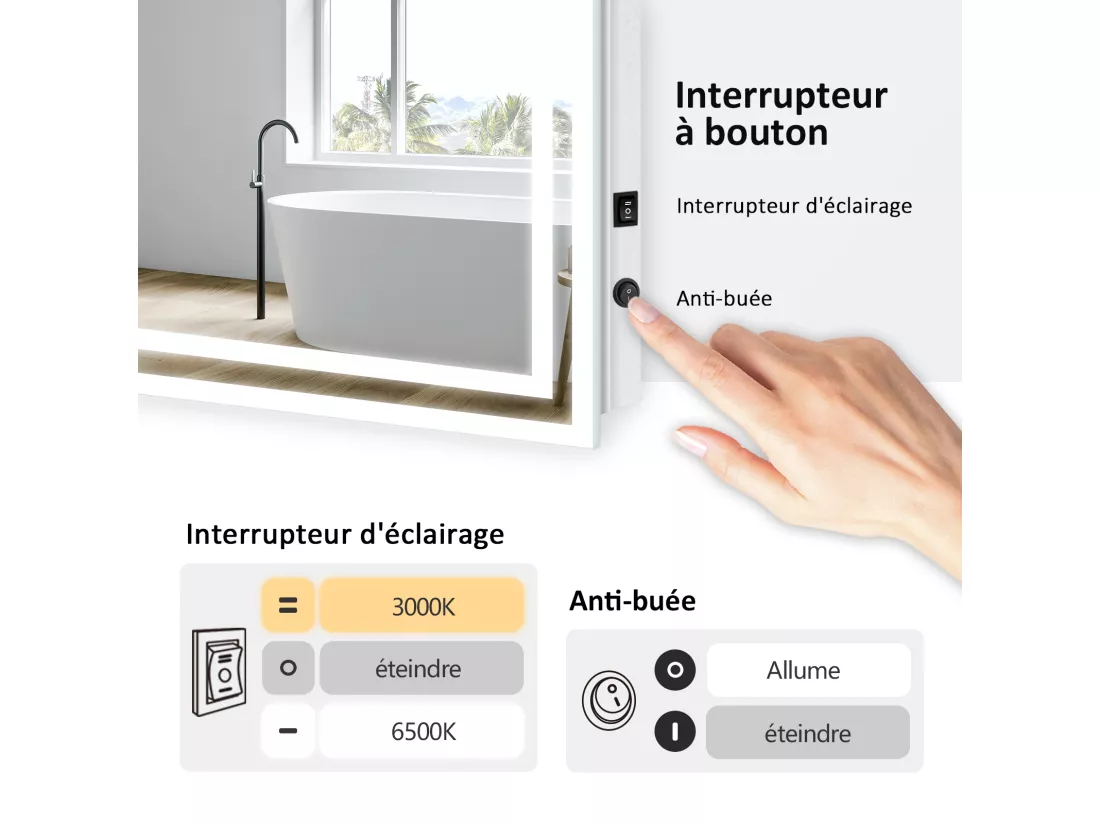 EMKE Miroir lumineux salle de bain 70x50cm, Miroir LED avec Interrupteur à bouton, Anti-buée, Miroir avec éclairage lumière Blanche Froide/Chaude