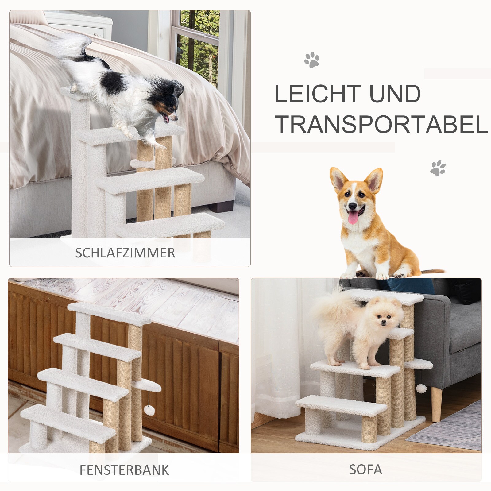 PawHut Haustiertreppe mit Krätzsäulen weiß 60 x 40 x 64 cm (LxBxH)