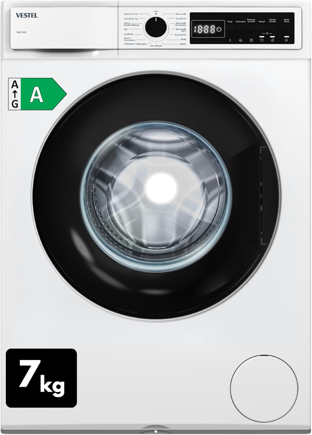 VESTEL WMI 76341 Waschmaschine 7 kg Frontlader – 1400 U/min, Energieeffizienzklasse A, Inverter-Motor, Dampffunktion, AquaStop, leise, freistehend, weiß