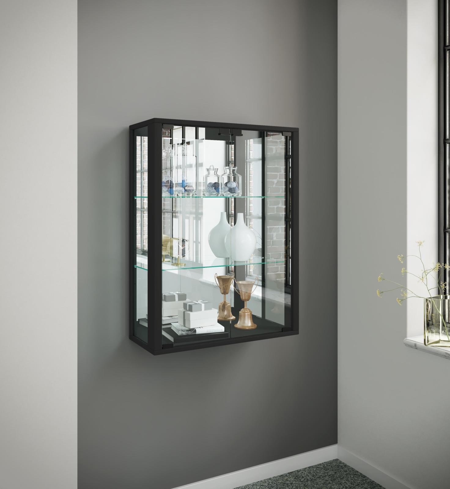Wandvitrine UDINA - schwarz - Rückwandspiegel - LED-Beleuchtung