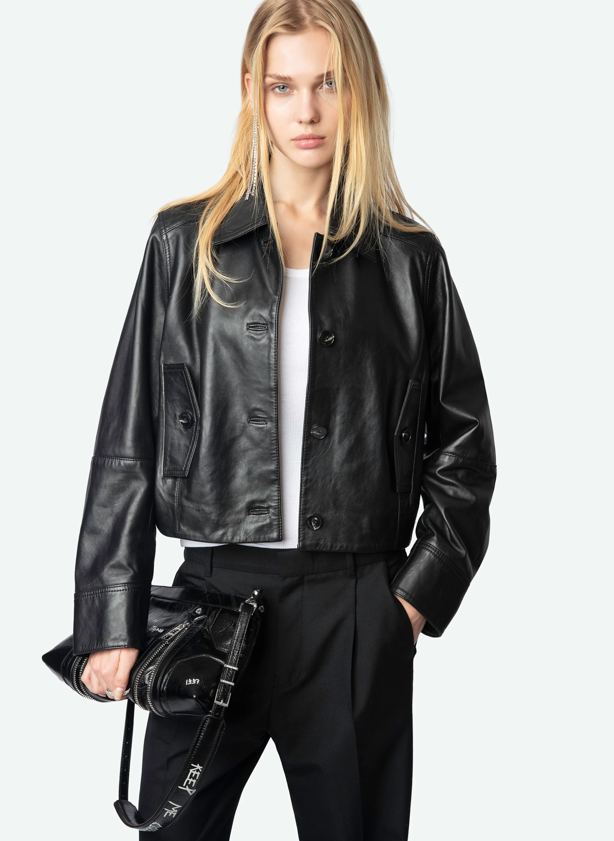 LISTON - Blouson court boutonné en cuir lisse | Noir