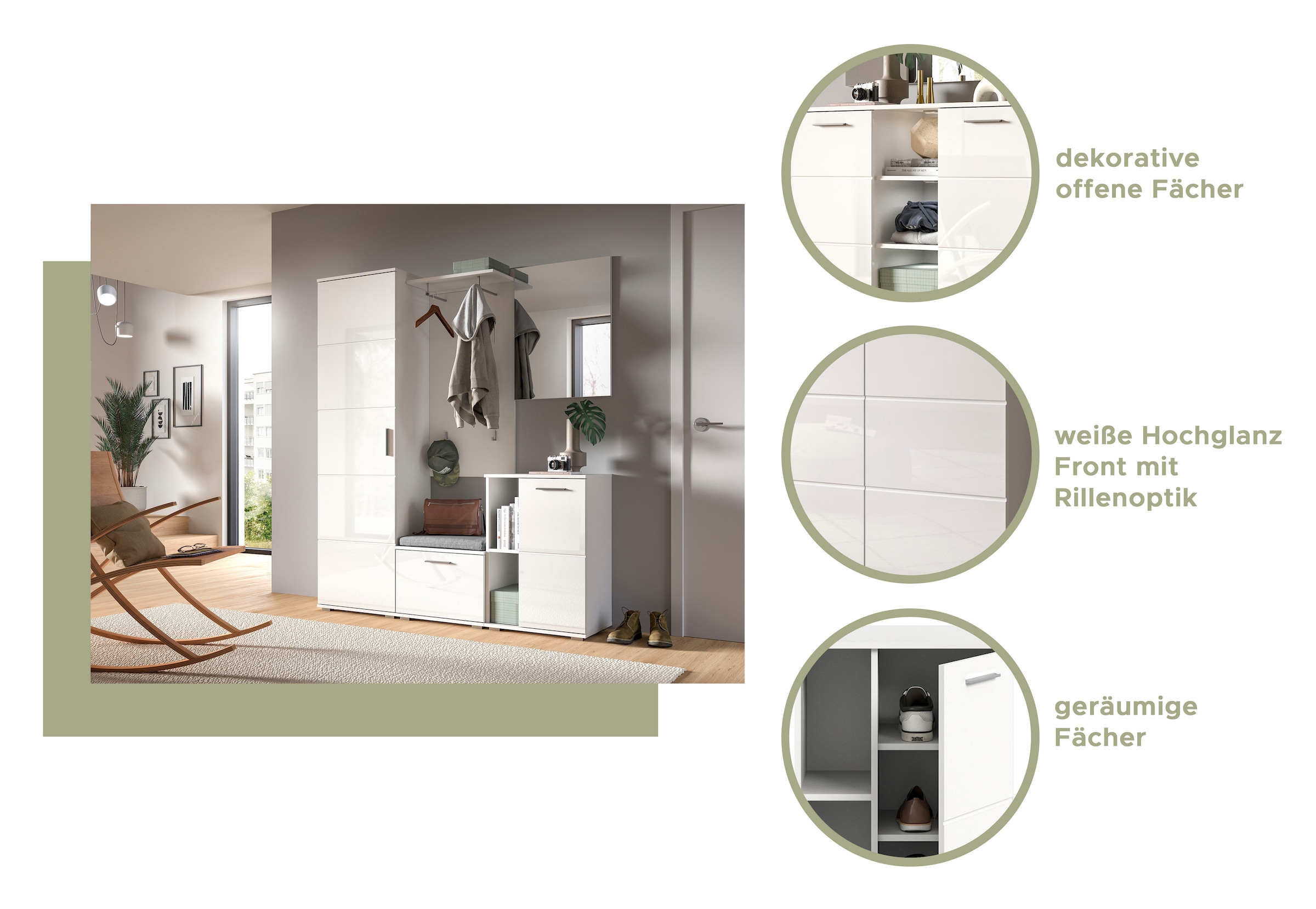 INOSIGN Garderoben-Set »Valge, Breite 180 cm inkl. 15cm Typenabstand, 4-tlg. Set, best. aus:« 4 Stk. tlg.