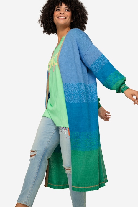 Strickjacke, offene Form, Feinstrick, Blockstreifen, Langarm