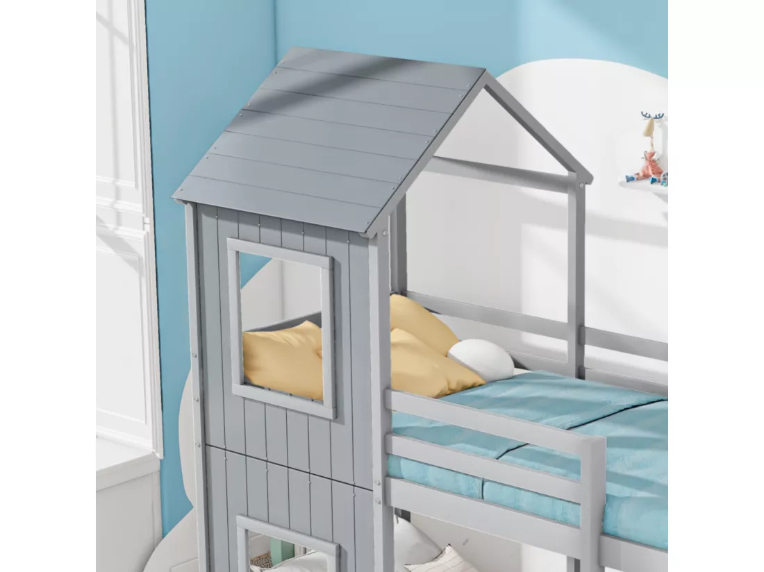 Lits superposés cabane 90x200cm, Pin, avec balustrade de sécurité, charge max 120kg, Gris
