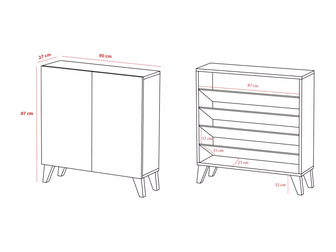 Meuble à chaussures/rangement - H87cm x L90cm x P27cm chêne portes impression lattes - Sunne