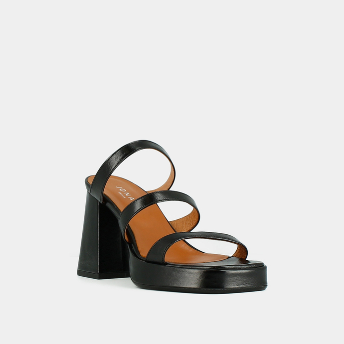 Mules à brides et bouts carrés  en cuir vieilli noir