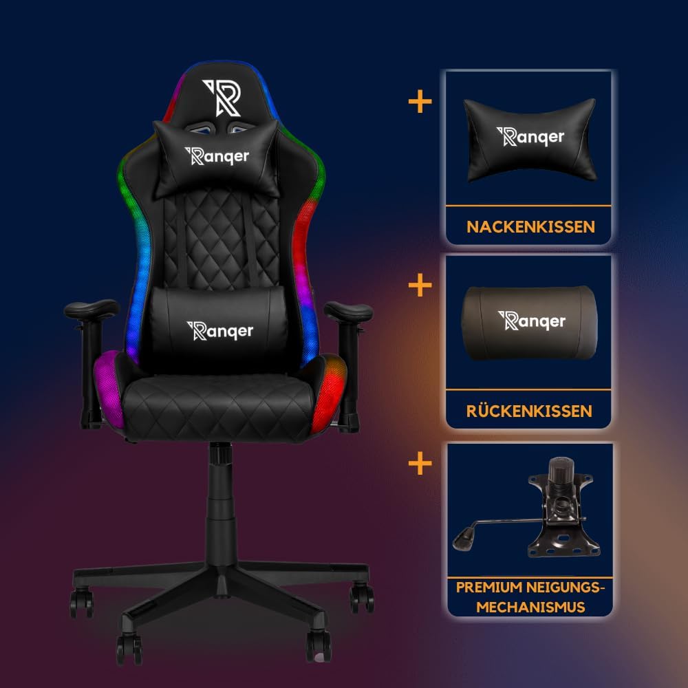 Halo Gaming Stuhl RGB LED Bürostuhl, Ergonomischer Schreibtischstuhl mit 350 Farben & Effekten, Höhenverstellbare 2D Armlehnen, 90-180° Rückenlehne, Drehstuhl für Gamer, Schwarz