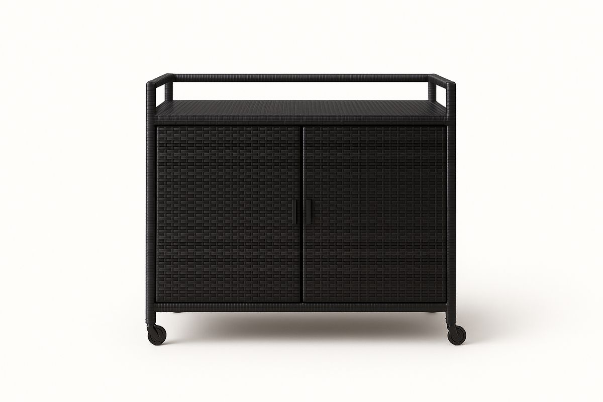 Servierwagen aus Polyrattan mit Türen Schwarz 90x60x85 cm