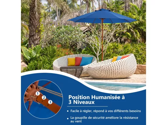 Parasol de Jardin Pliable 2,9M avec Mécanisme de Poulie à Corde Poteau en Bois 8 Baleines en Fibre de Verre pour Cour, Bleu