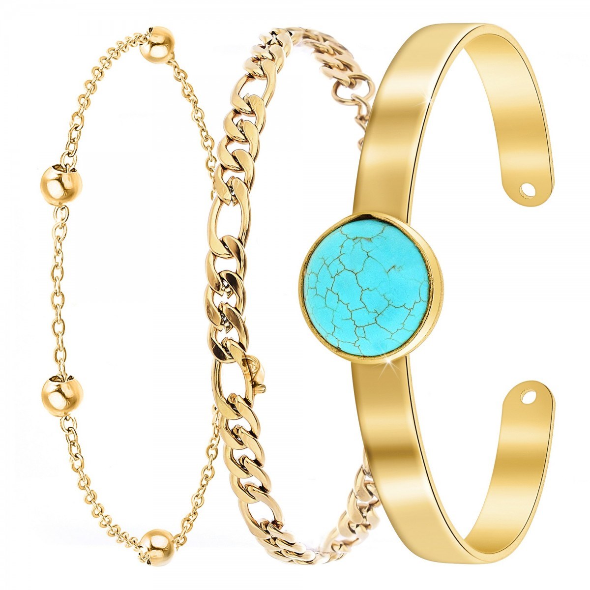 Lot de 3 bracelets SC Bohème en Laiton Finement doré orné d'une pierre naturelle Turquoise