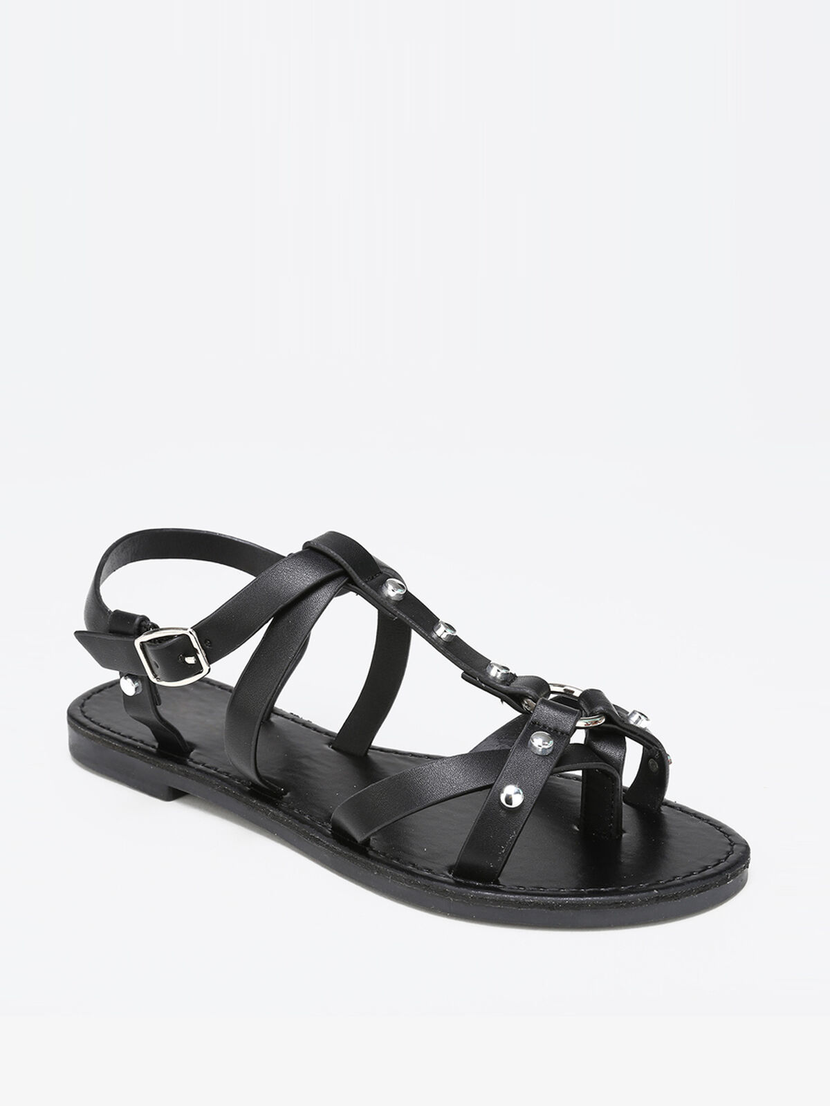 Nu-pieds avec brides croisées à clous- Noir