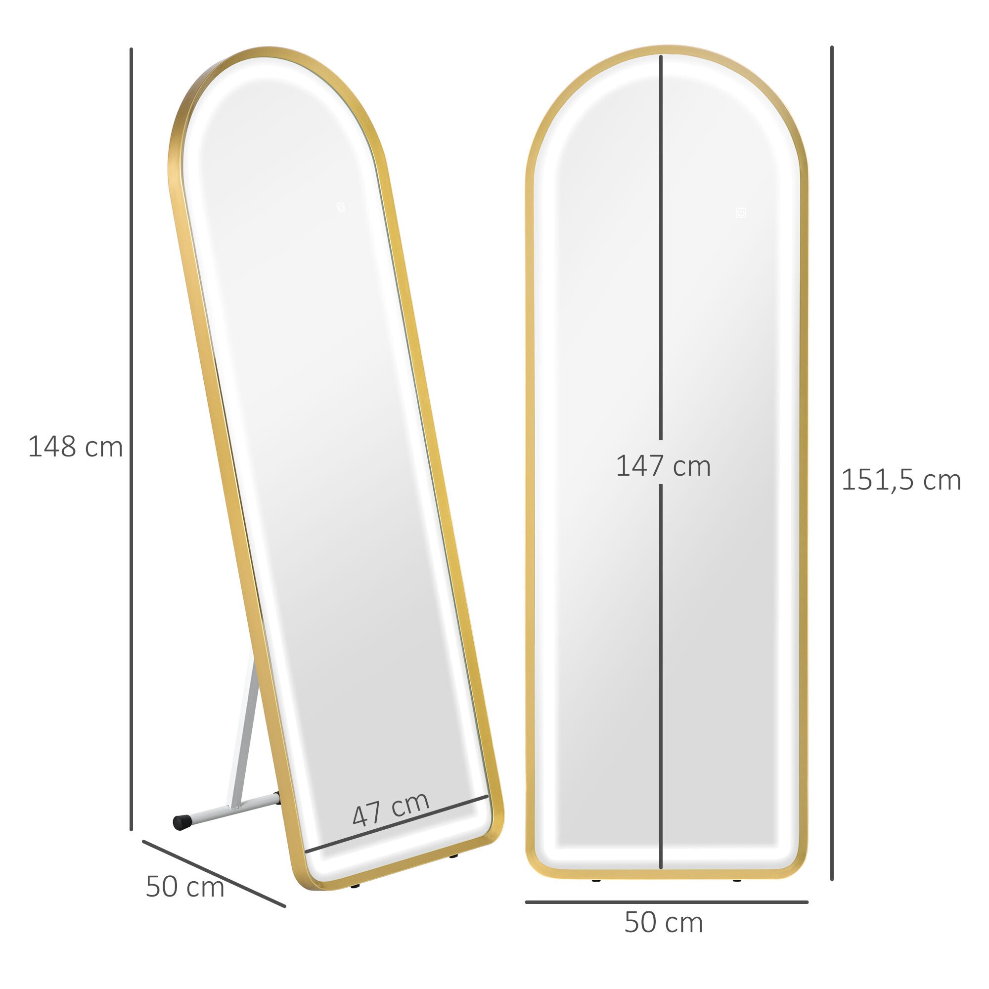 HOMCOM Ganzkörperspiegel mit Beleuchtung gold 151,5L x 50B x 4H cm