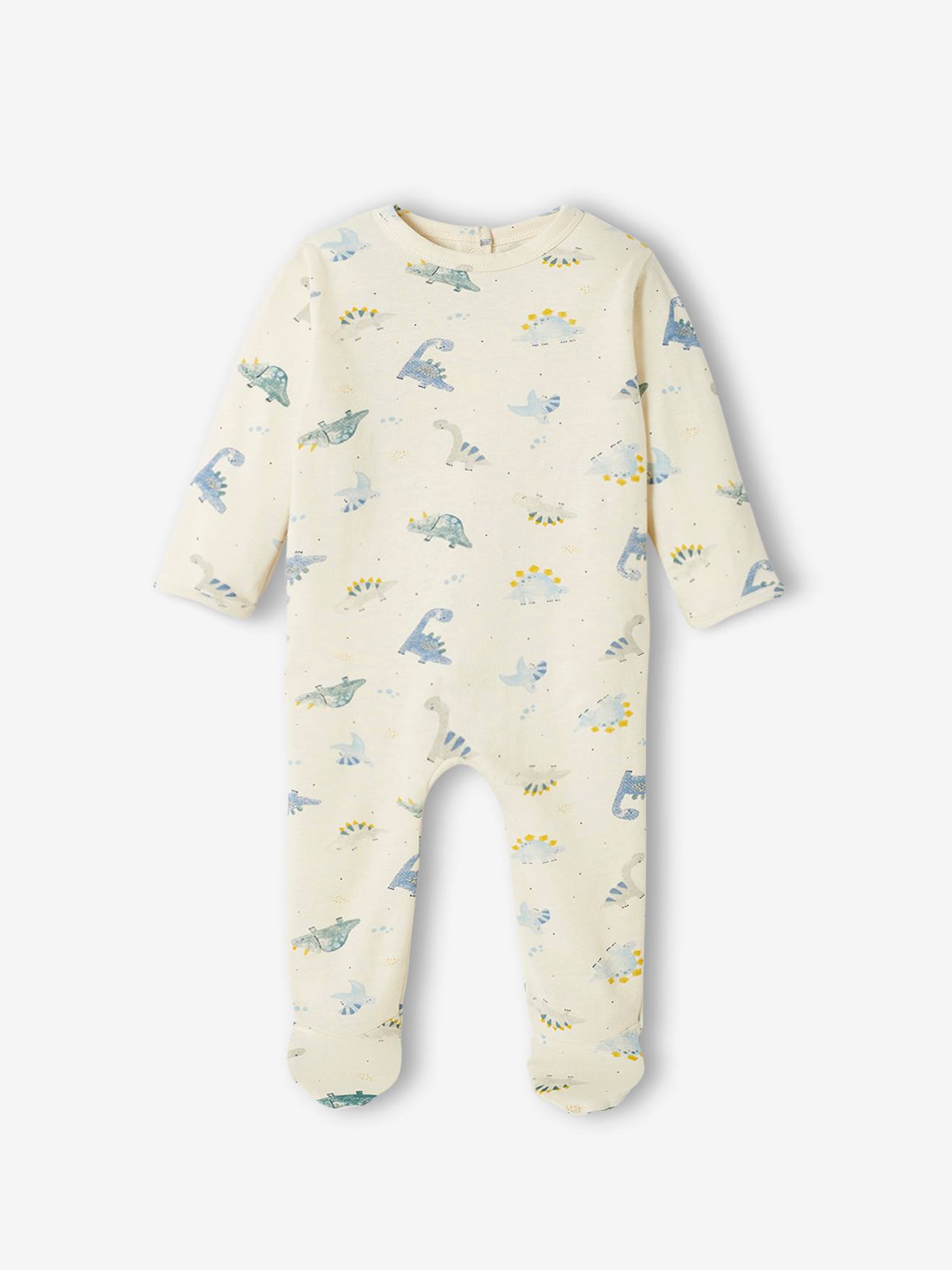 Conjunto de 2 macacões de tricô com estampa de dinossauro para bebês meninos na cor verde-água.