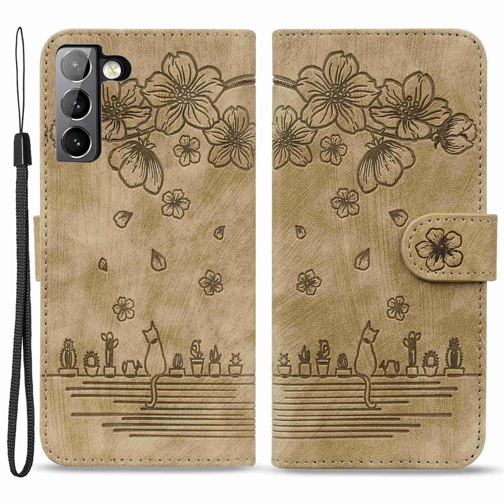 Samsung Galaxy S22 5G Leder Tasche Flip Cover Katze & Blumen Imprint - Braun