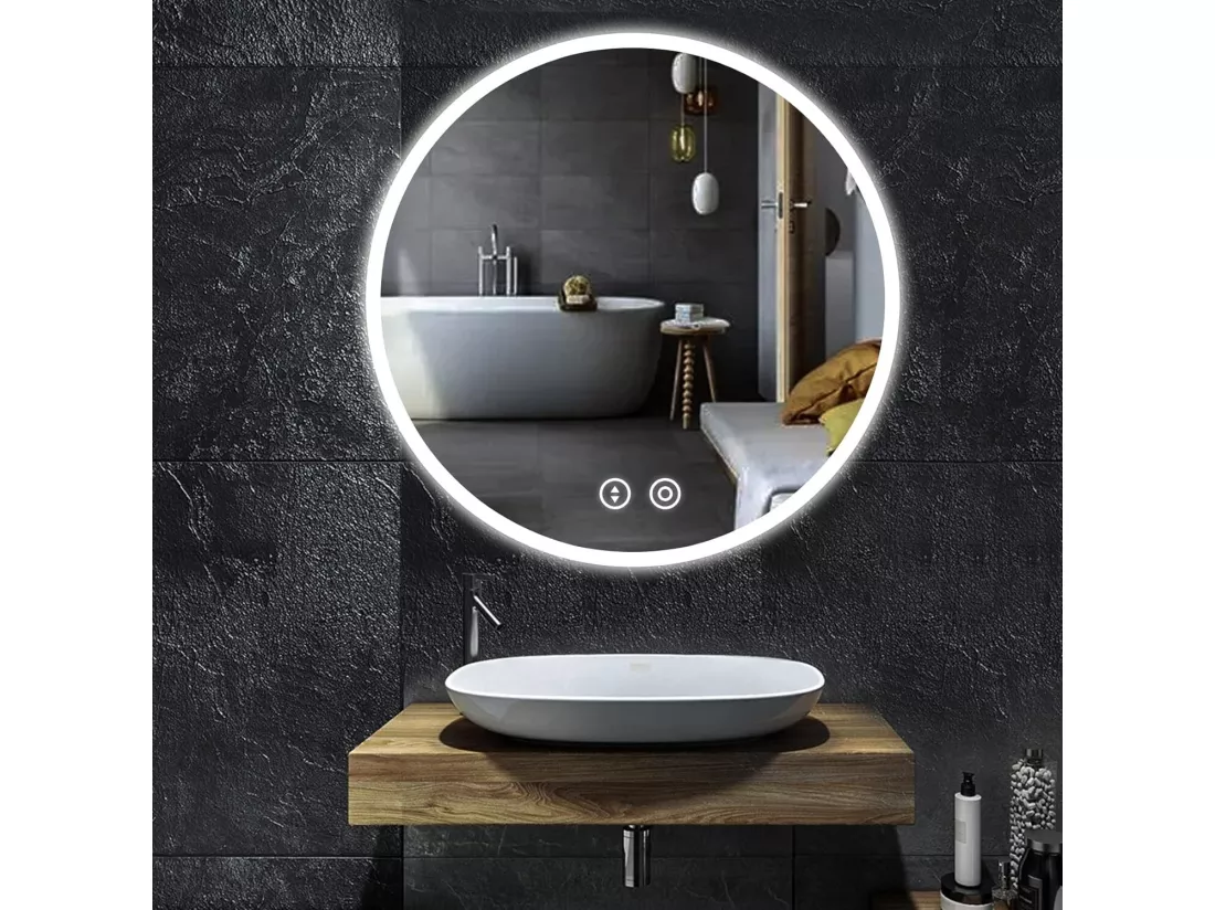 Miroir de Salle de Bain avec Eclairage LED 60x60cm,Verre Antidéflagrant Anti-Brouillard,Miroir Mural Rond Interrupteur Tactile,Blanc Froid 6400k