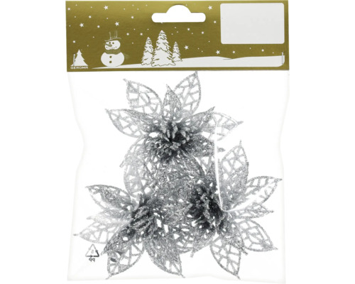 Kerstversiering, bloemen, zilveren glitter, 3 stuks