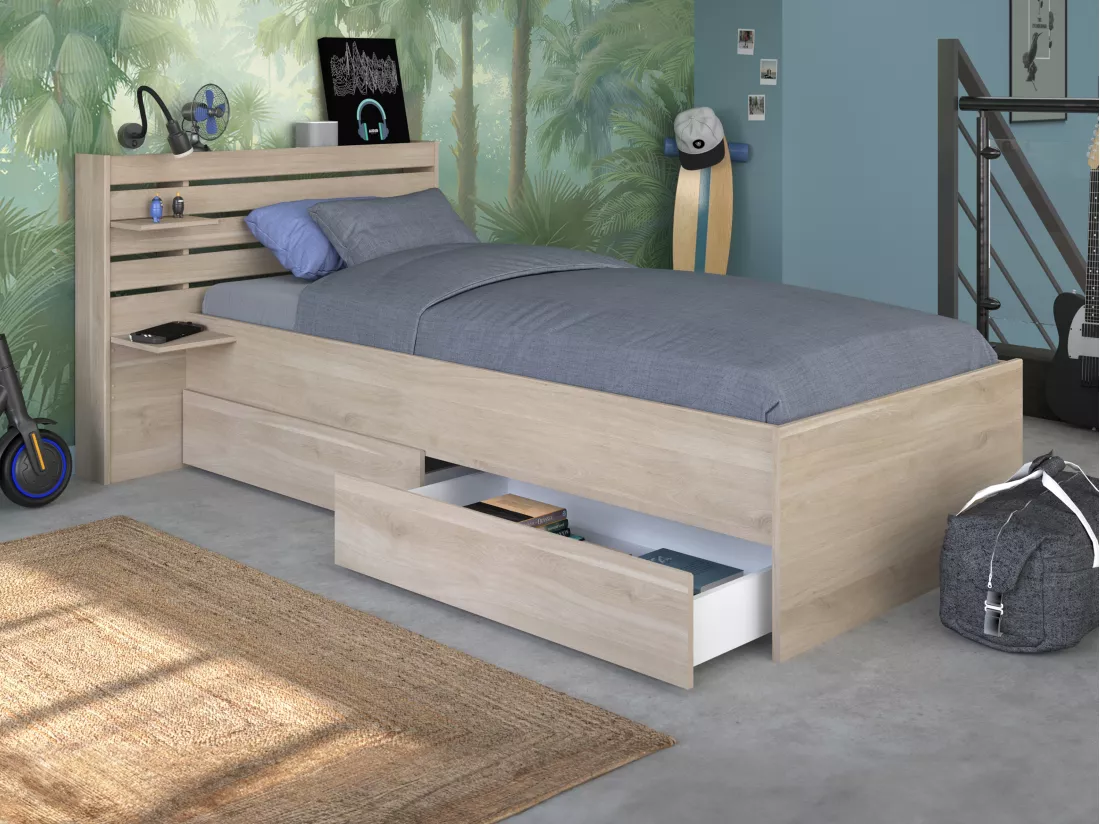 Lit 90 x 190/200 cm avec rangements - Coloris : Naturel - TENALIA