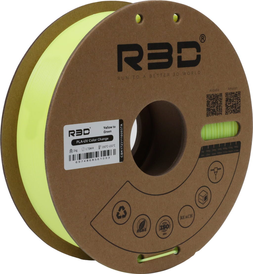R3D  PLA UV Color Change Yellow to Green, 1,75 mm / 1000 g    Farbveränderndes Filament
