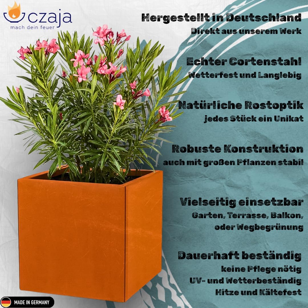 Czaja Cortenstahl Pflanzkübel 50x50x50 cm Fiorella mit Bodenplatte - Made in Germany - Rost Deko Blumenkübel quadratisch – wetterfest & langlebig – Garten Terrasse Balkon – Edelrost Pflanzgefäß