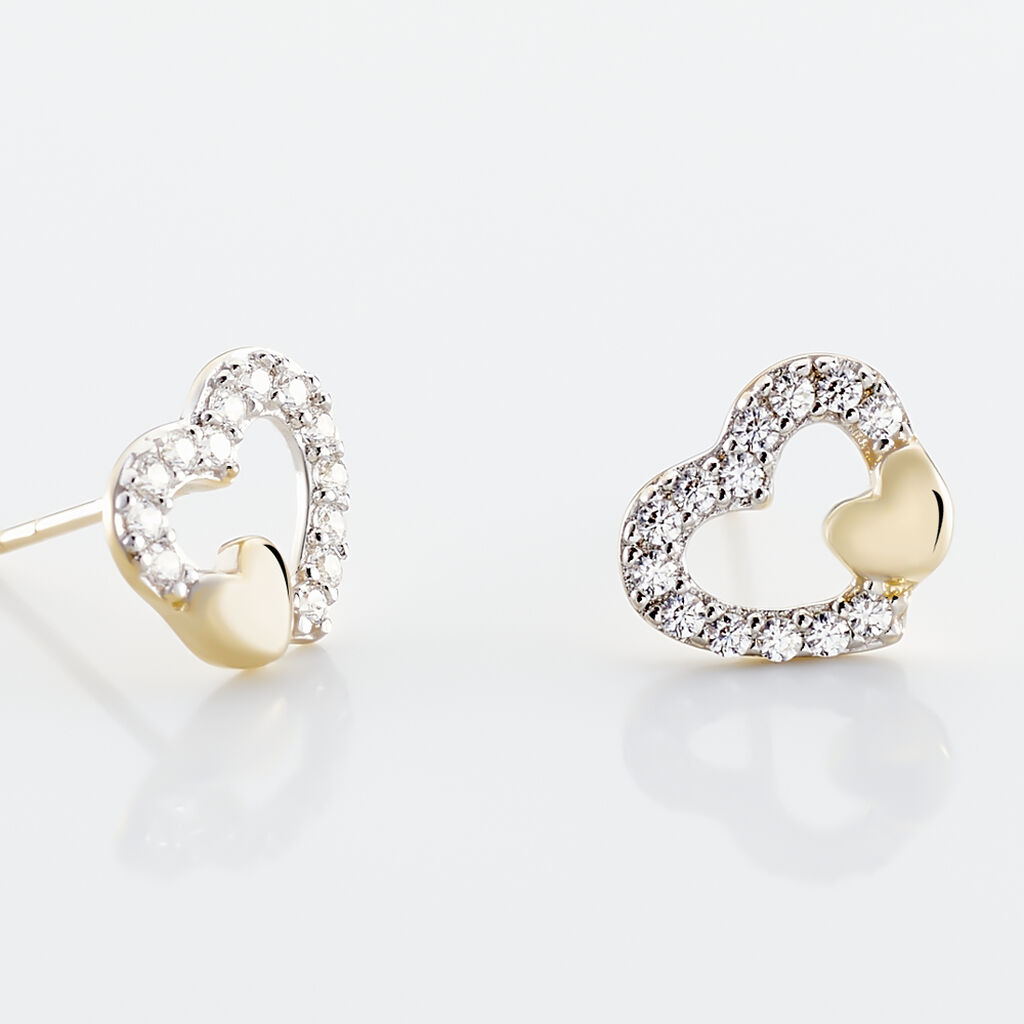 Boucles D'oreilles Puces Daria Double Coeurs Or Jaune Oxyde
