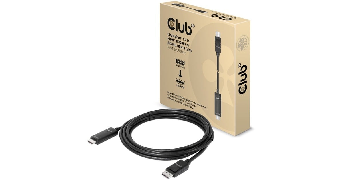 Club 3DDisplayPort 1.4 > HDMI kabel  (Zwart, 3 meter, 4K 120Hz, 8K 60Hz)