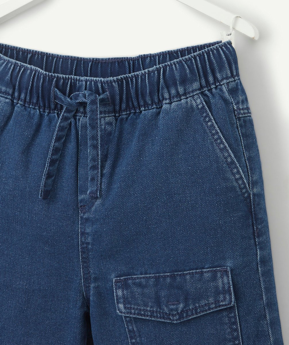 BERMUDA CARGO GARÇON EN COTON EFFET DENIM BLEU MARINE LESS WATER