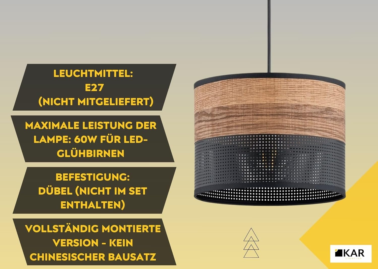 Pendelleuchte 3-flammig aus schwarzem Metall mit Holzoptik-Details (PVC), höhenverstellbar | E27 Fassung | LED geeignet | Hängelampe für Wohn-, Esszimmer, Küche, Büro