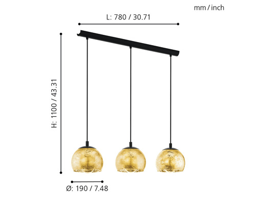 Hanglamp, 3-lichts, HxL 110x78 cm, zwart/goud