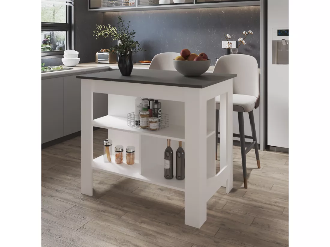 Ilot de cuisine Cala en mélaminé avec 3 étagères , Plomb / Blanc , 90 cm X 103 cm X 70 cm