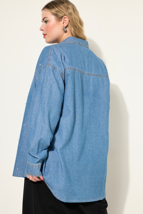 Jeanshemd, oversized, Zierperlen, Langarm