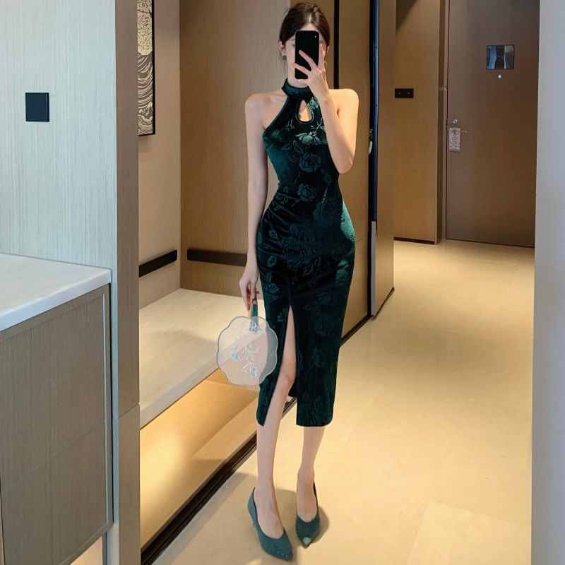 Gelbes - Halter Floral Cutout Side-Slit Midi Qipao
