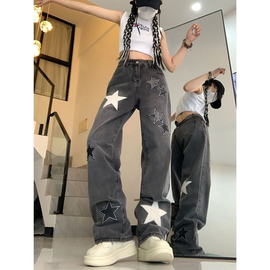 Wisjam - High Rise Star Patchwork Straight Leg Jeans
