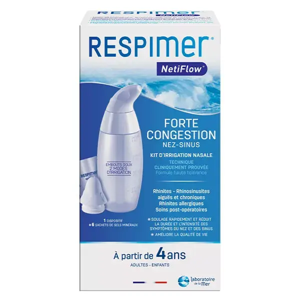 Kit de irrigação nasal Respimer Netiflow para crianças a partir de 4 anos: 1 dispositivo + 6 sachês de água do mar