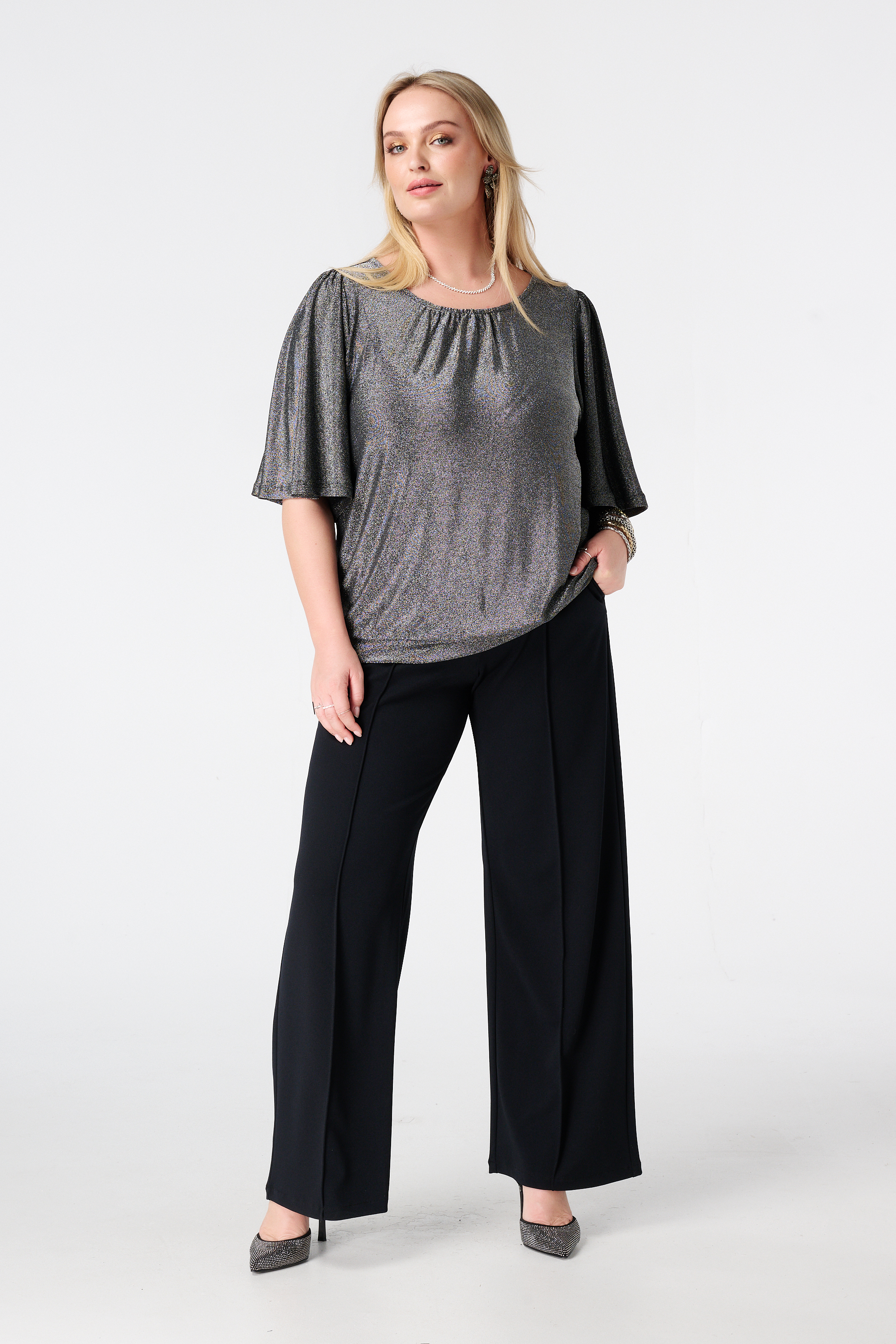 Top met flared mouwen en lurex silver