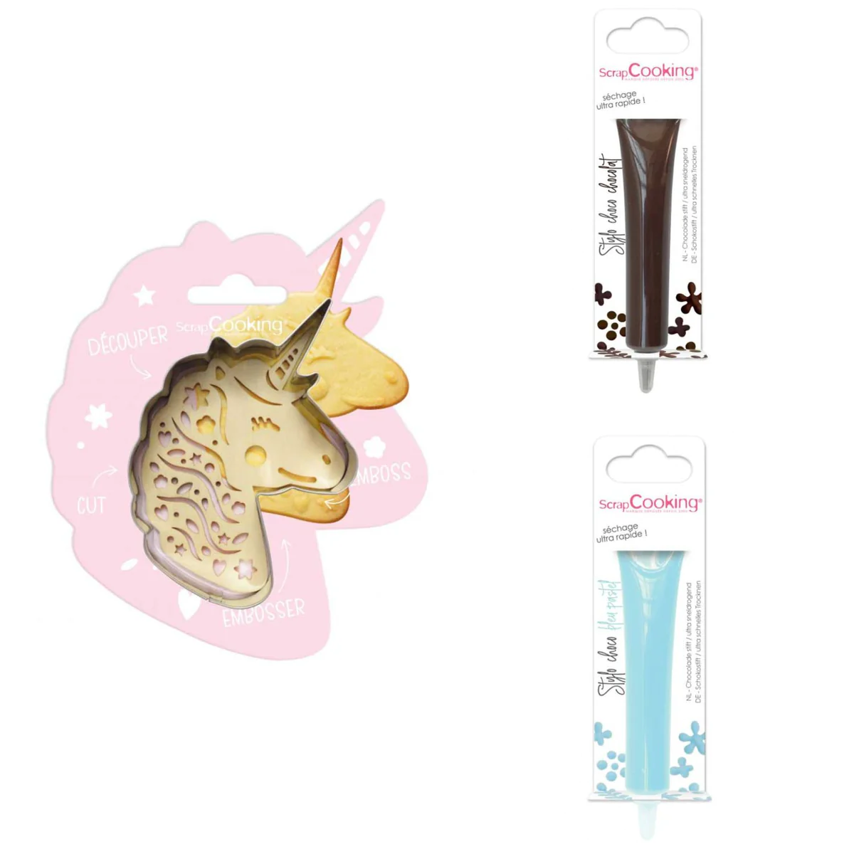 Kit pour biscuit en relief Licorne + 2 Stylos au chocolat marron et bl