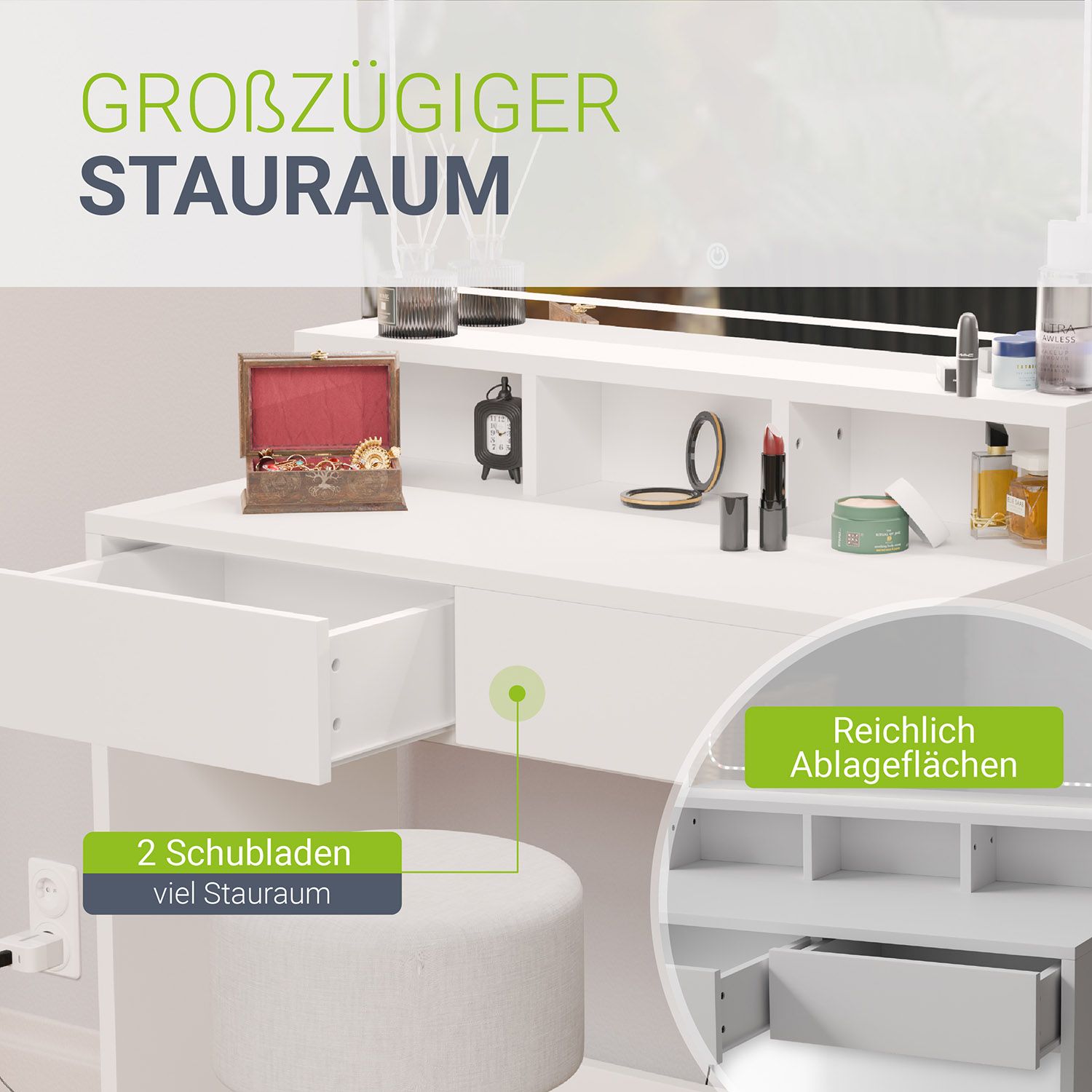 Juskys Schminktisch Kalea mit Beleuchtung, Spiegel & Schubladen - kleiner Make Up Tisch - Holz Weiß