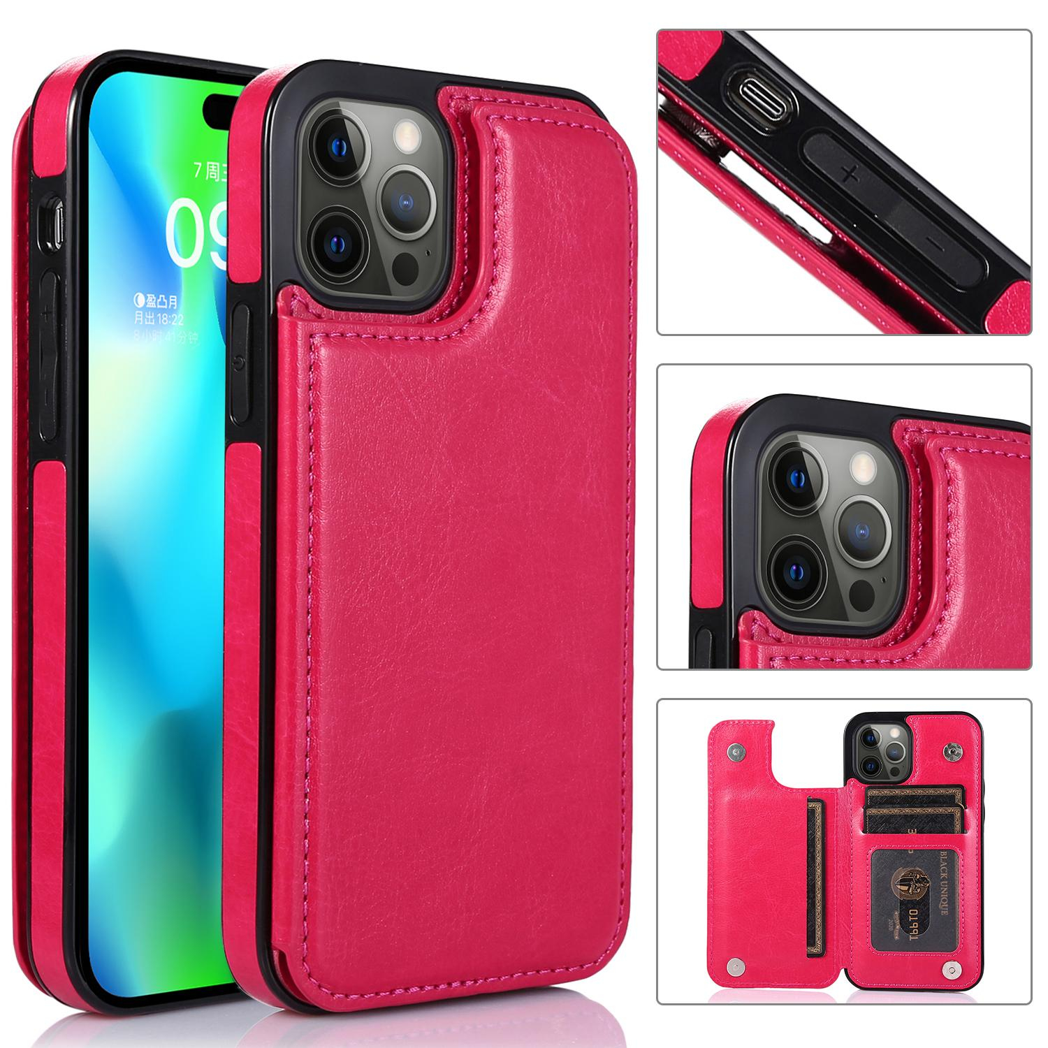 iPhone 14 Pro Hybrid Leder Hülle mit Kartenfach   Kickstand Aufsteller - Pink
