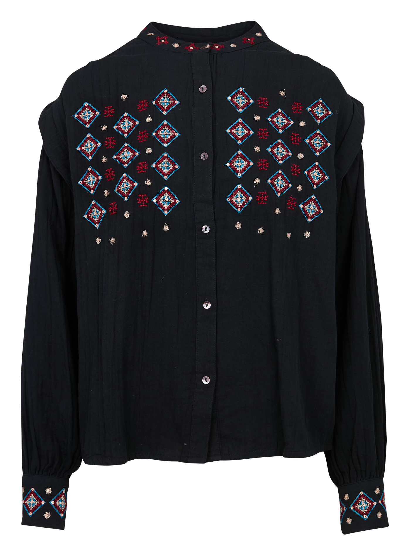 CESAR - Blouse col rond droite en coton brodé | Noir