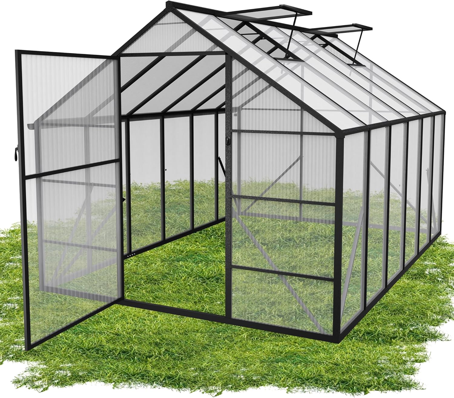 Gewächshaus Aluminium mit Fundament & Dachfenster Tomatenhaus wetterfest rostfrei Treibhaus Anzuchthaus temperaturbeständig Frühbeet Pflanzenhaus für Tomaten, Gemüse & Pflanzen - 380x250x205cm