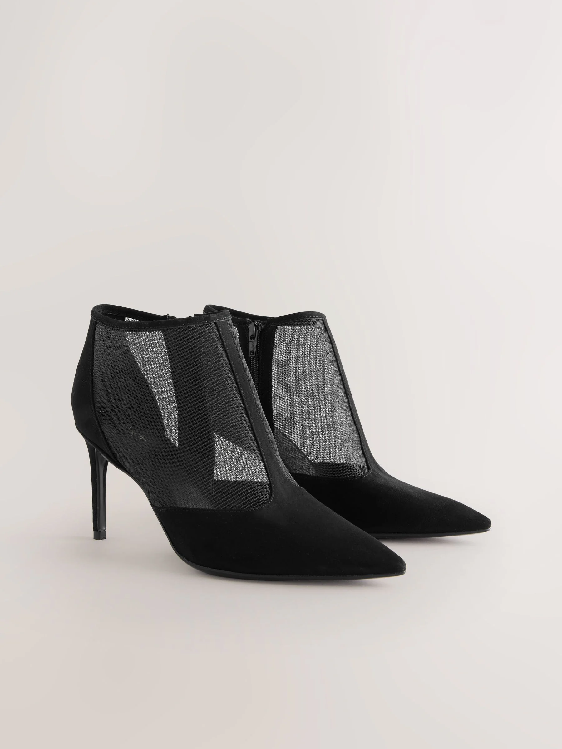 Black Mesh Detail - Pointed Toe T-Bar Ankle Boots