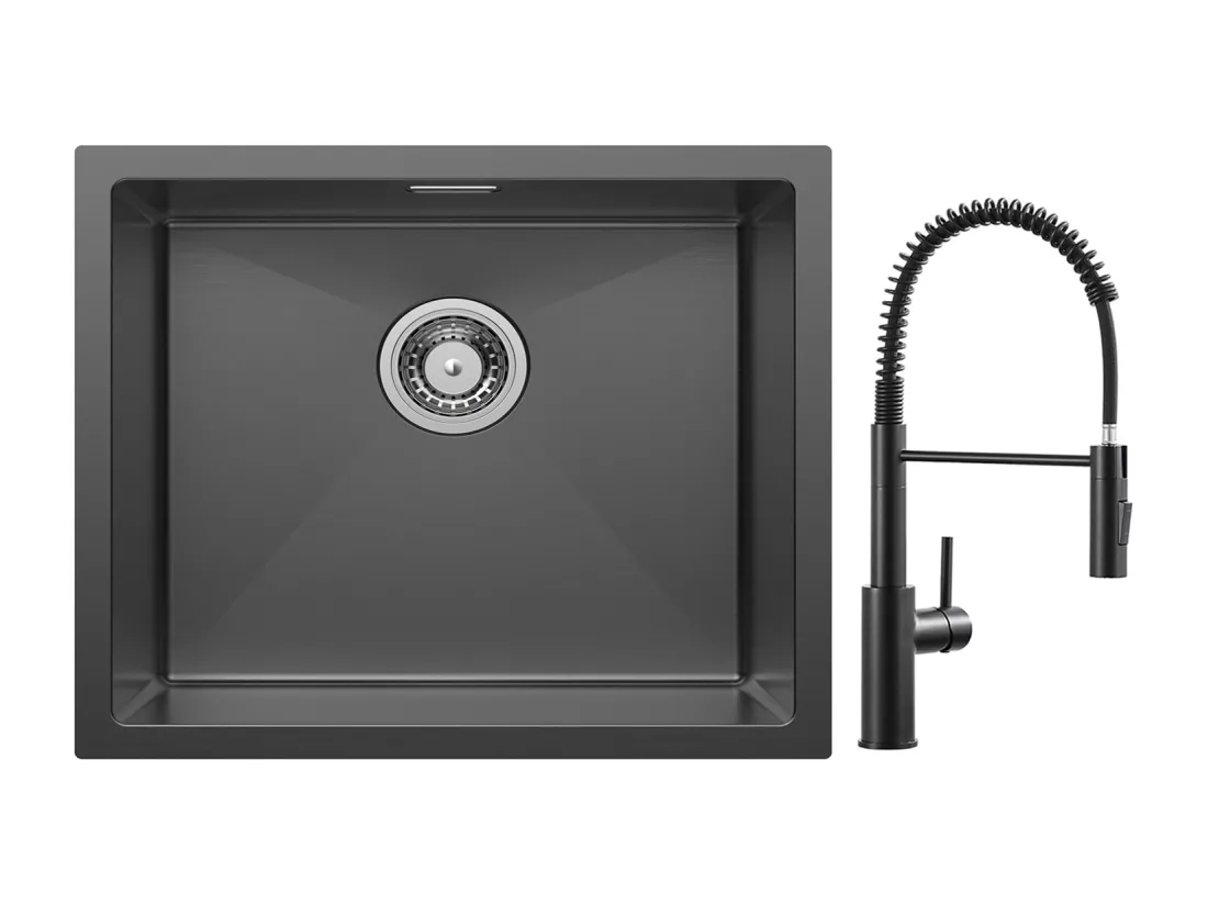 Cecipa max Évier 1 Bac 50*44cm Évier de Cuisine en Inox Évier Encastré Noir Anthracite +Mitigeur de Cuisine à Ressort Noir avec Douchette Extractible