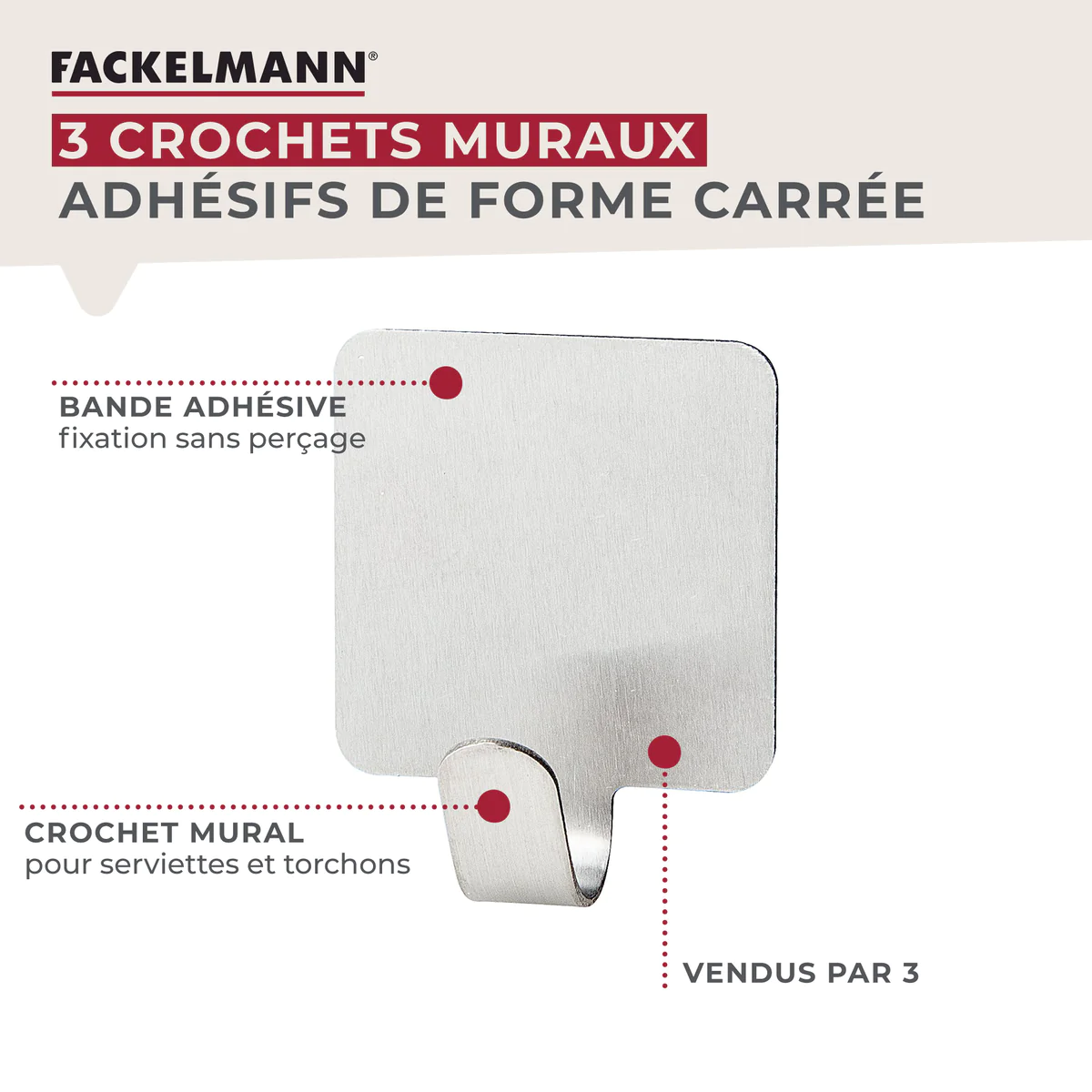 Lot de 3 crochets adhésifs carrés en acier inoxydable Tecno Fackelmann