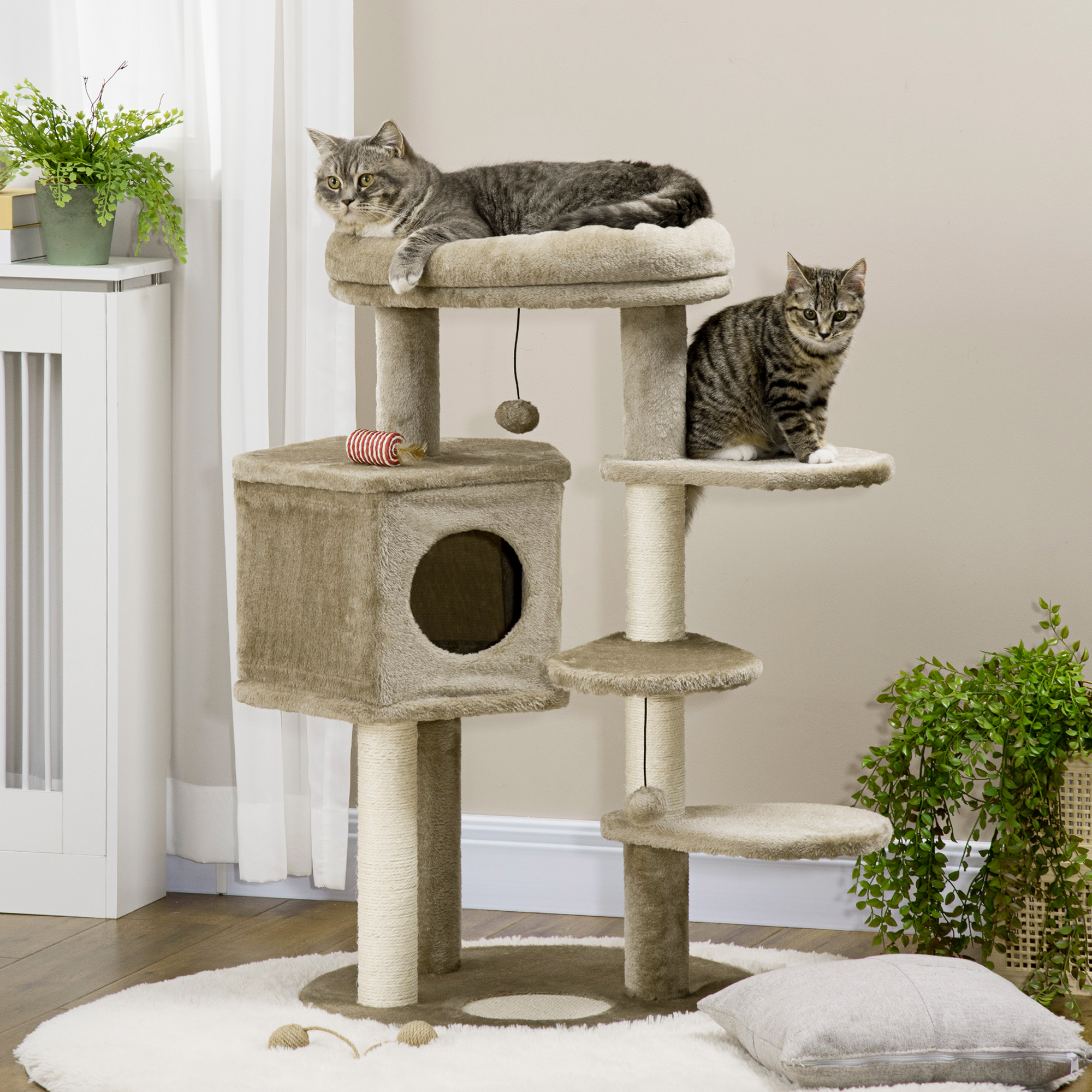 Árvore para Gatos PawHut para Gatos Pequenos, 94 cm de Altura, Torre para Gatos com Cama no Topo, Caverna, 3 Escadas, Bolas Penduradas e Postes de Sisal, 55x55x94 cm, Marrom