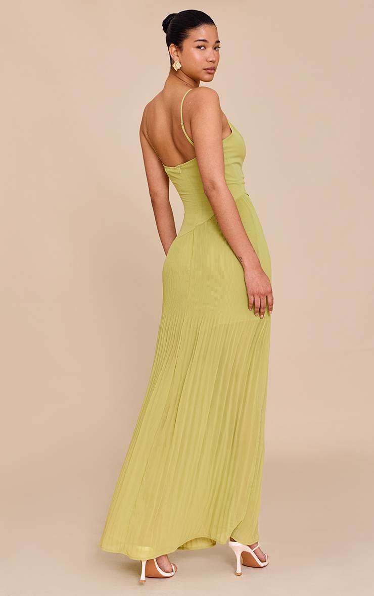 Lime Green Robe Longue À Bretelles Spaghetti Avec Détail D'ourlet Plissé En Tissu Tissé