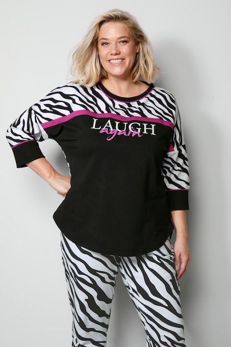 T-Shirt, oversized, Animaldruck, Schriftzug, Rundhals, 3/4-Ärmel.