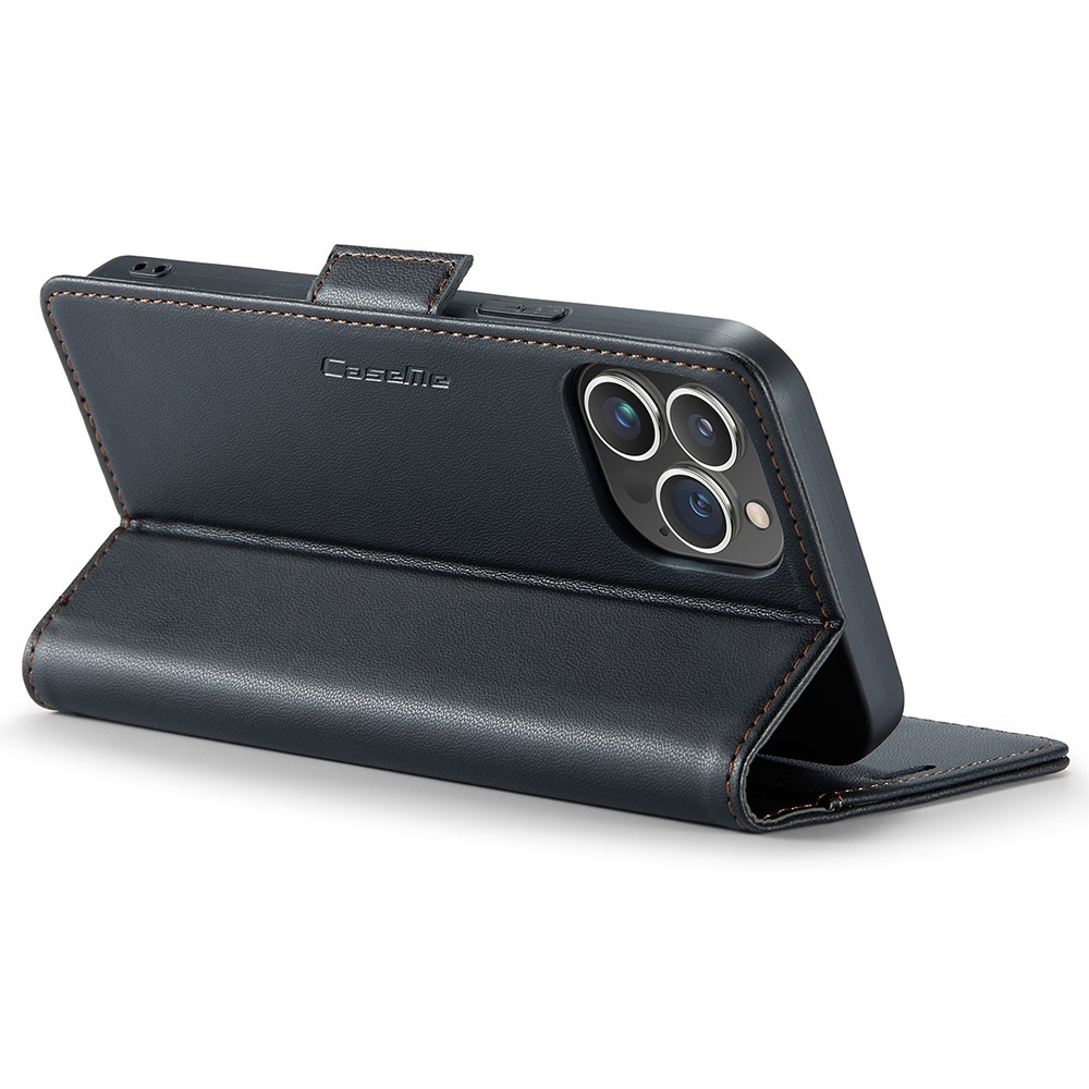 iPhone 15 Pro Leder Tasche Flip Wallet Etui mit Kartenfächern Litchi Look (RFID Schutz) - Schwarz
