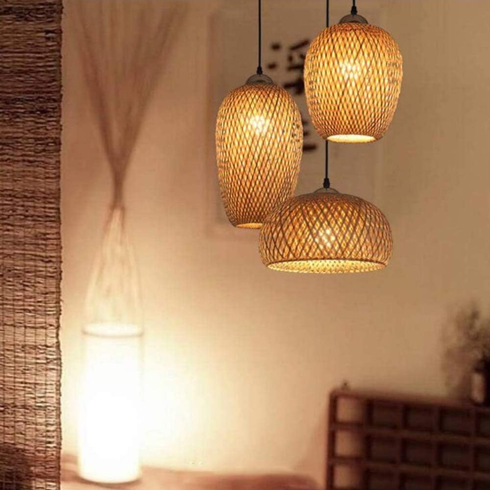 Rattan Bambus Pendelleuchte Retro Stil Laterne Kronleuchter Antik Holz Esszimmer Lampe Landhaus Hängelampe Wicker Lampenschirm Schlafzimmer Wohnzimmer Deckenlampe E27 Pendellampe 3 Leuchte