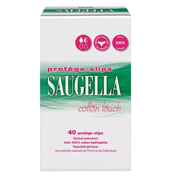 Protetores diários Saugella Cotton Touch, 40 sachês individuais.