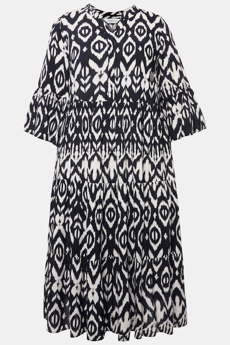 Maxikleid, A-Line, Black&White Print, Tunika-Ausschnitt, 3/4-Ärmel